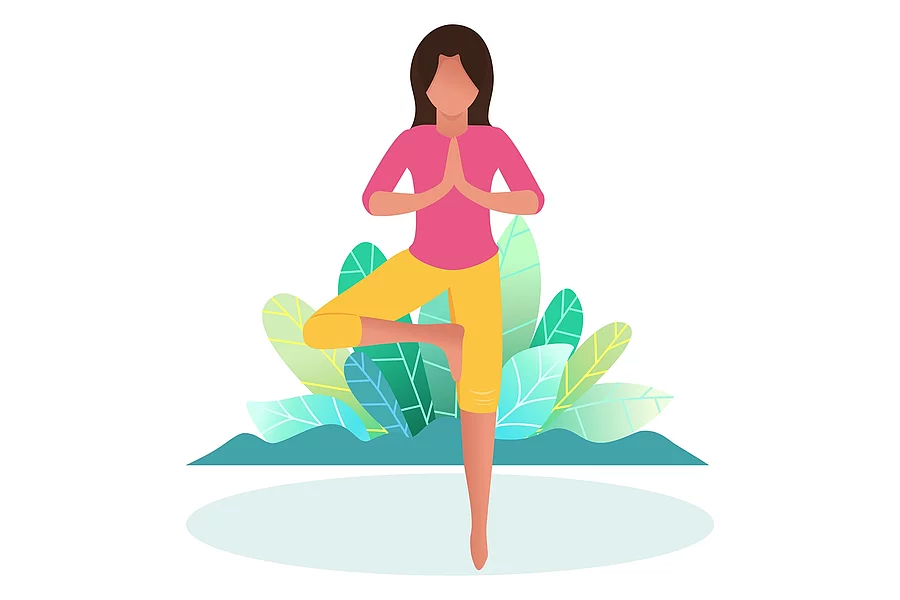 Comic einer Frau in Yoga Pose vor Blättern in bunten Farben
