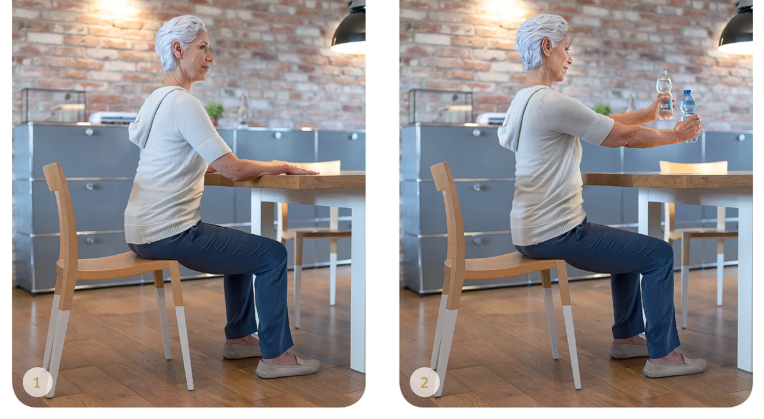 Seniorin macht Übungen an Tisch im Sitzen.