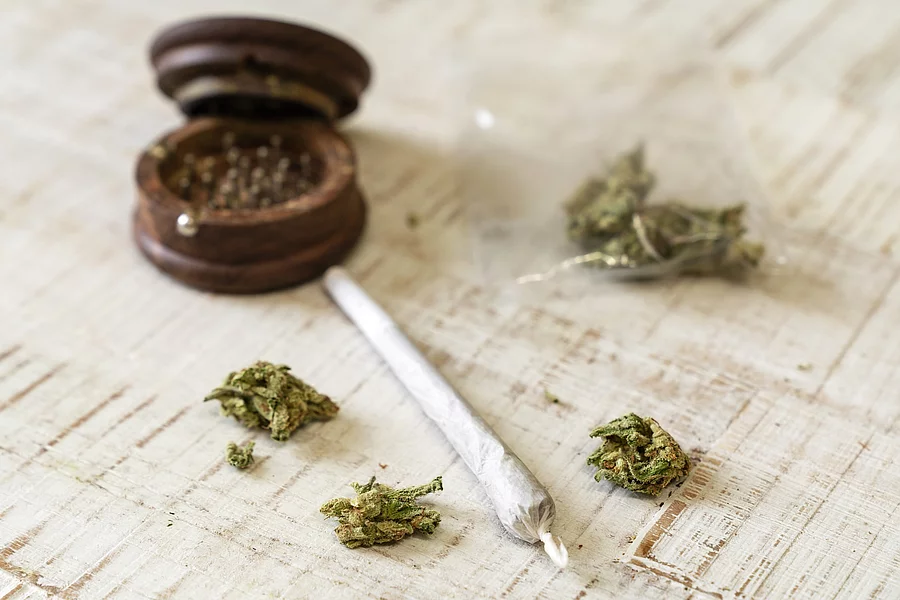 Cannabisblüten und ein gedrehter Joint auf weißem Holzhintergrund