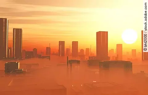 Skyline in gelb und orange, Hitze und Smog