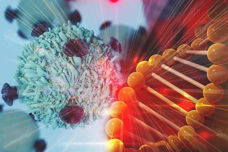 Illustration Gentherapie: Krebszelle und DNA Helix
