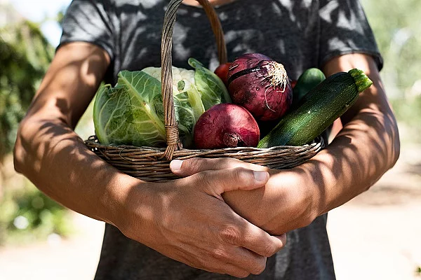 young man with a basket full of vegetables Mann mit Korb voll Gemüse