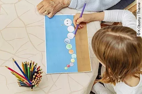 Mädchen aus der Vogelperspektive, das ein Bild zeichnet. Neben ihr sitzt eine ältere Frau.