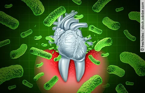 Illustration: Von Bakterien umgebener Zahn, im Zahnwurzelbereich entzündlich rot