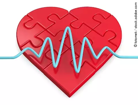 Herz aus roten Puzzlesteinen, darüber blaue EKG-Kurve, daruber EKG