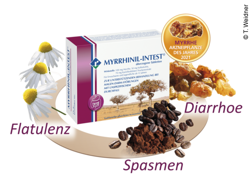 Verpackung von Myrrhinil-Intest. Arznei enthält Myrrhe, Kamille und Kaffeekohle.