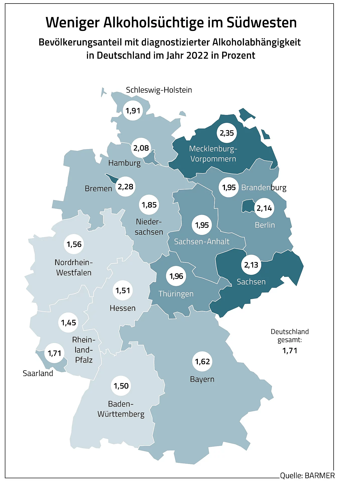 Grafik: Deutschlandkarte mit Angaben zum prozentualen Anteil der Alkoholsucht in den Bundesländern