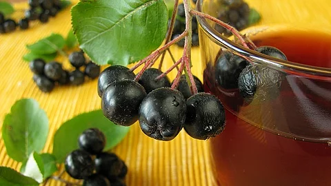 Aroniasaft und frische Aroniabeeren auf gelbem Untergrund. 