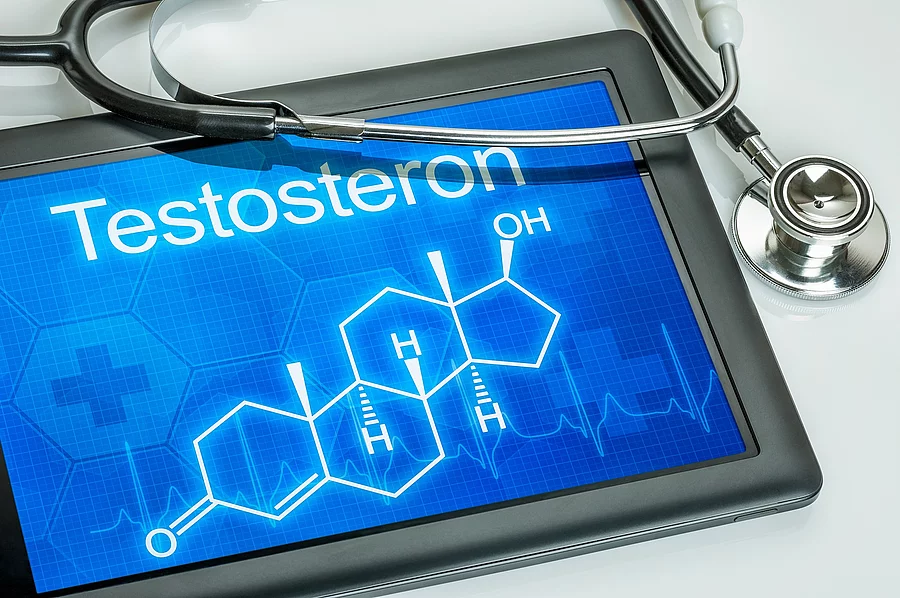 Tablet mit der chemischen Strukturformel von Testosteron und ein Stethoskop Tablet mit der chemischen Strukturformel von Testosteron und ein Stethoskop