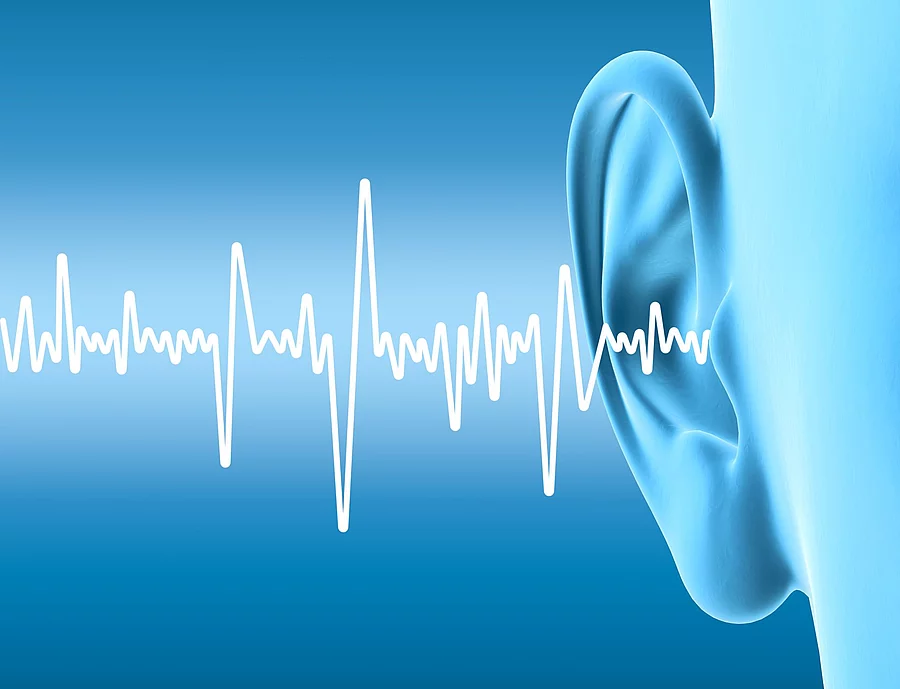 Human ear with sound waves, artwork Schallwellen gelangen ins Ohr eines Mannes
