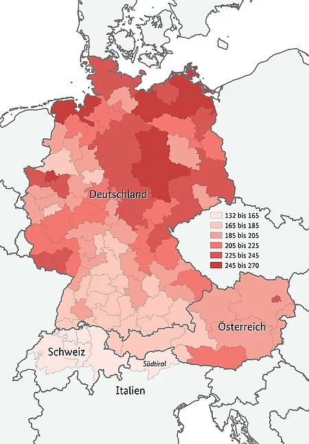 Landkarte Deutschland, Schweiz, Österreich, Südtirol mit Regionen hoher vermeidbarer Sterbefälle
