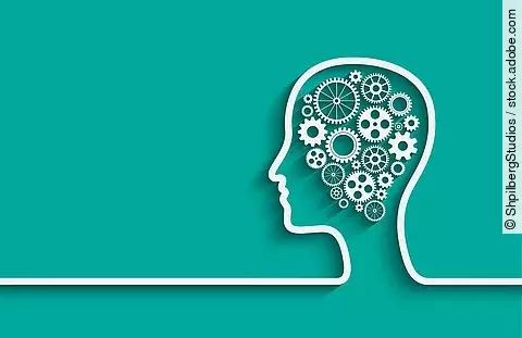 Illustration: Kopf mit Zahnrädern, Denkprozess, Kognition