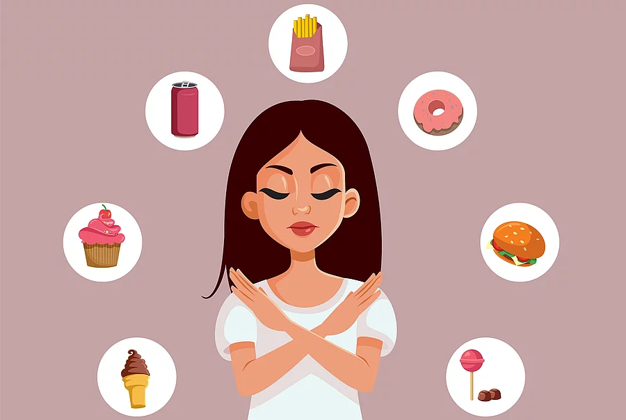 Illustration: Frau hält Arme überkreuzt in Abwehrhaltung zu ungesundem Fast Food