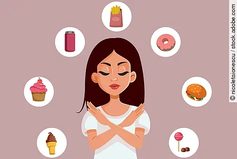 Illustration: Frau hält Arme überkreuzt in Abwehrhaltung zu ungesundem Fast Food