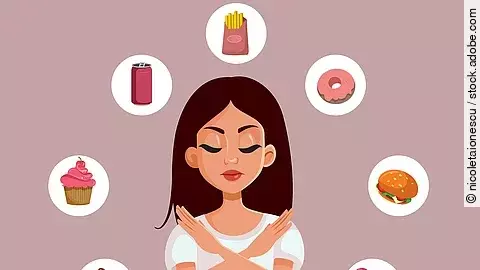 Illustration: Frau hält Arme überkreuzt in Abwehrhaltung zu ungesundem Fast Food