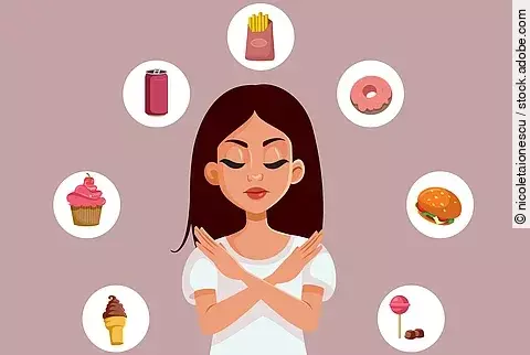 Illustration: Frau hält Arme überkreuzt in Abwehrhaltung zu ungesundem Fast Food