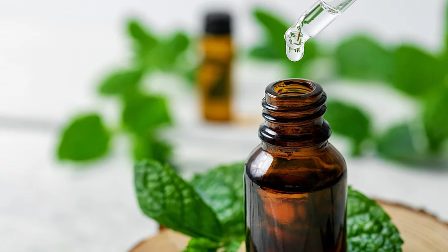 Frische Pfefferminzblätter und Braunfläschchen mit Pfefferminzöl auf einem Holzteller