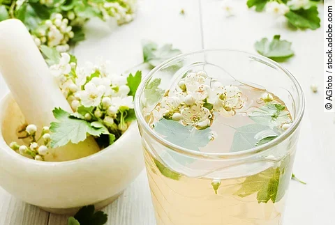 Weißdornblüten, Stößel und ein Glas mit Weißdornwasser