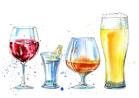 Wein, Schnaps und Bier als Aquarell-Bild