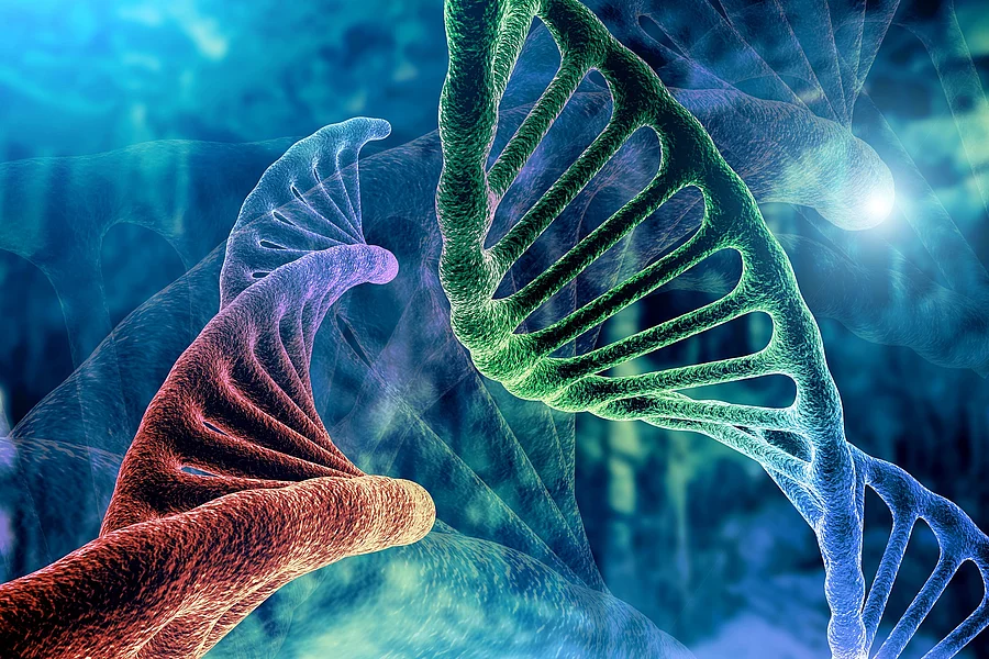 DNA strand and Cancer Cell Oncology Research Concept 3D rendering, abstract background, mixing of two structures, Illustration: farbige DNA-Stränge