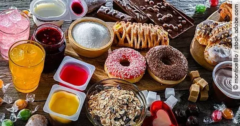 Lebensmittel mit viel Zucker: Donuts, Fertigmüsli, Softdrinks, Schokolade 