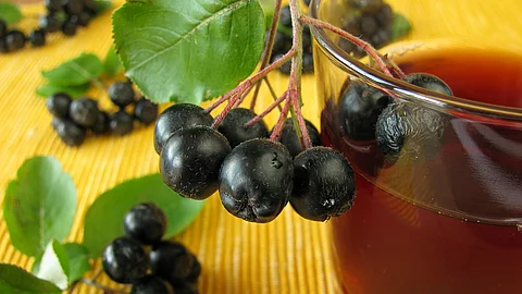 Auf einem gelben Untergrund steht ein Glas mit rötlichem Aroniasaft. Es ist dekoriert mit frischen Aroniabeeren. Auf einem gelben Untergrund steht ein Glas mit rötlichem Aroniasaft. Es ist dekoriert mit frischen Aroniabeeren.