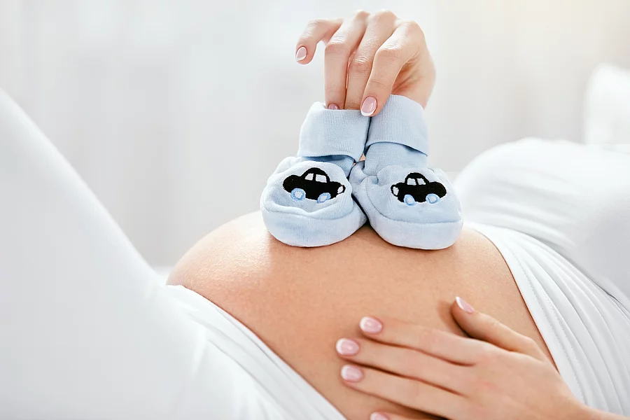 Pregnancy. Pregnant Belly With Little Baby Shoes Schwangerer Bauch mit Babyschuhen