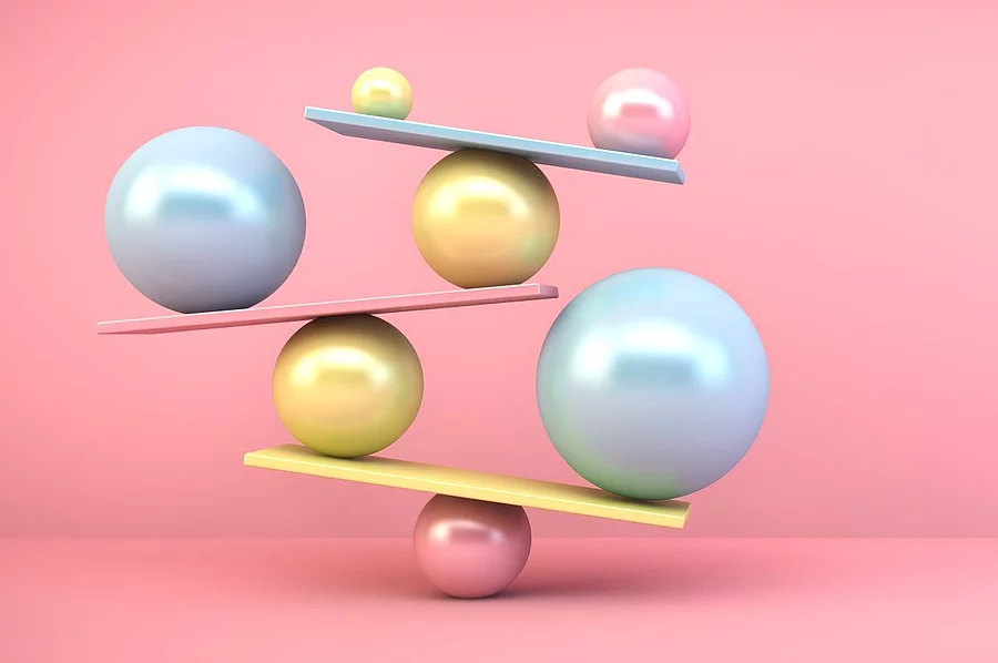 Computeranimation mehrere Bälle balancieren auf Balken