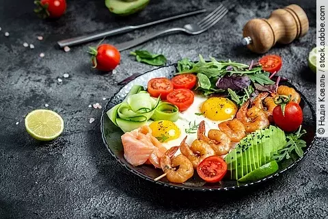 Ketogenic breakfast. Keto low carb salmon, grilled shrimps, praw