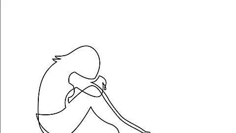 Zeichnung einer Frau, die auf dem Boden sitzend den Kopf in ihren Händen haltend auf den Knien abstützt. 