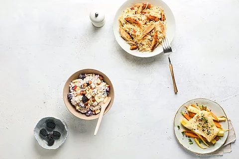 Draufsicht auf 3 angerichtete Portionen der Rezepte aus der nordischen Küche