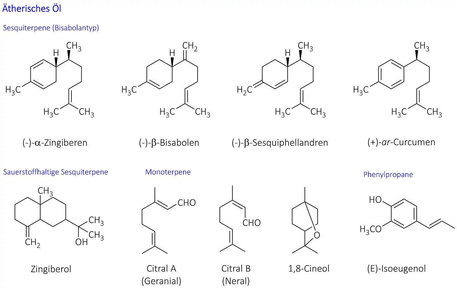 Chemische Formeln der Komponenten des ätherischen Ingwer-Öls