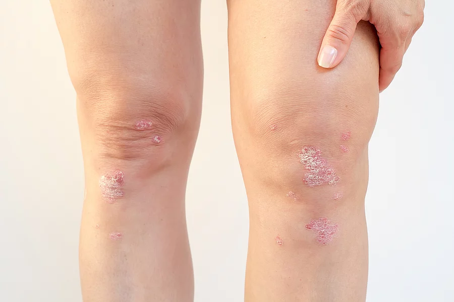 Beine einer Frau mit psoriatischen Veränderungen im Bereich der Knie Beine einer Frau mit psoriatischen Veränderungen im Bereich der Knie
