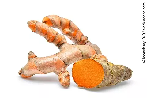 Kurkumawurzel angeschnitten auf weißem Hintergrund