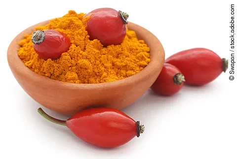 Hagebutten in einer Schale mit Hagebuttenpulver