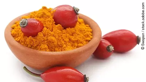 Hagebutten in einer Schale mit Hagebuttenpulver