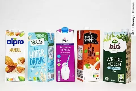 Milchalternativen: Packungen mit Hafer-, Soja-, Mandel- und Kuhmilch