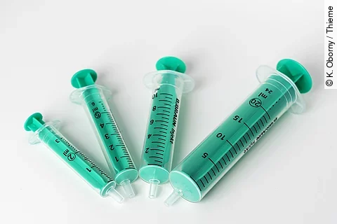 4 grüne Spritzen in verschiedene Größen im Halbkreis auf weißem Grund 