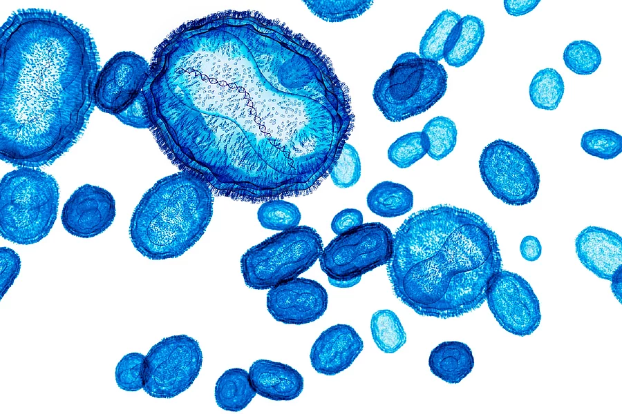 Mpox-Viren blau auf weißem Hintergrund