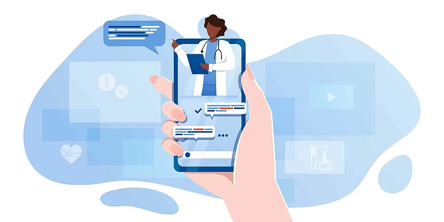 Animation einer Hand mit Smartphone, auf dem eine Gesundheitsapp geöffnet ist