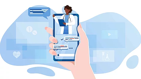 smartphone screen with female therapist on chat in messenger and Animation einer Hand mit Smartphone, auf dem eine Gesundheitsapp geöffnet ist