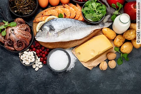Jodhaltige Lebensmittel: Fisch, Meeresfrüchte, Milchprodukte
