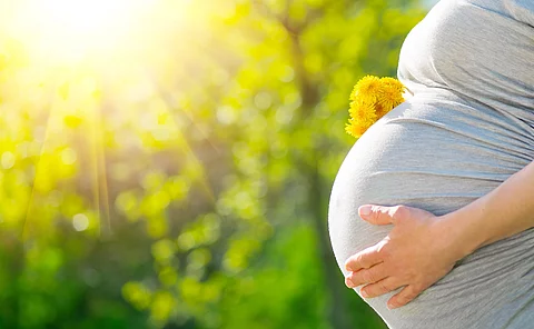 Bauch einer Schwangeren Frau. Im Hintergrund sind Bäume und die Sonne.