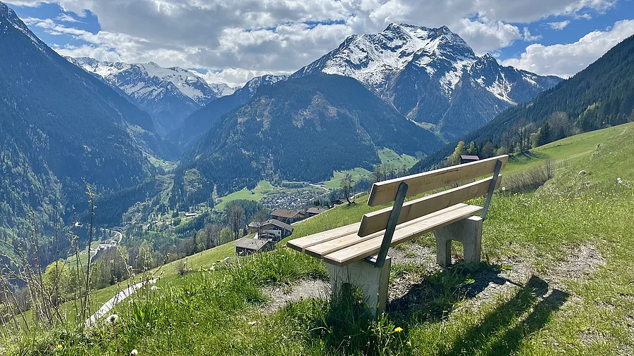 Bank auf Bergwiese mit Bergblick