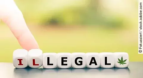 Würfel mit Buchstaben, die das Wort illegal oder legal bilden, ein Cannabisblatt ist auf dem letzten Würfel abgebildet.