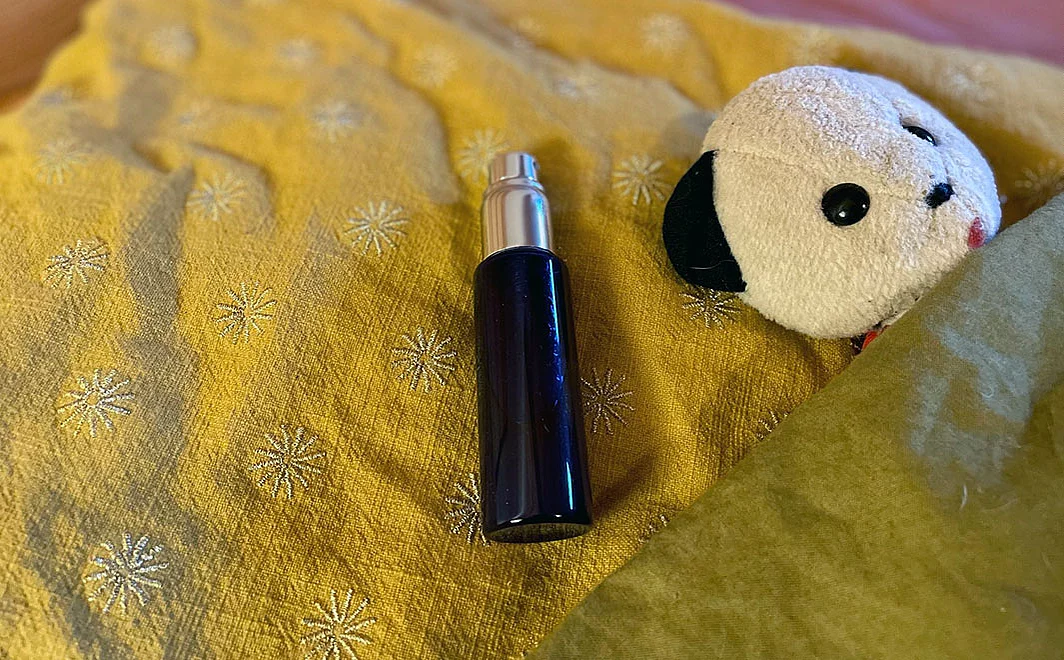 Kissenspray mit Blutorange und Lavendel auf Kissen neben Kuschelteddy