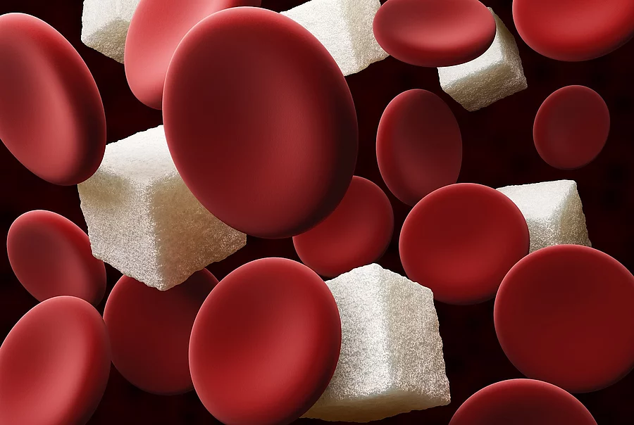 Sugar in the blood. blood cell with cube of sugar, 3d Illustration Illustration: Blutzellen und Zuckerwürfel auf dunklem Hintergrund