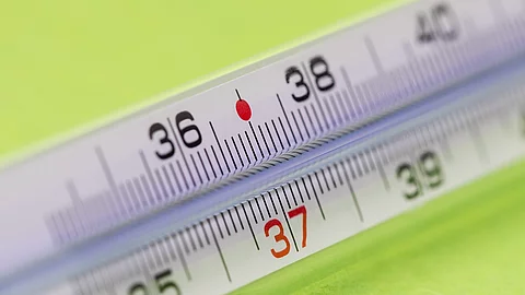 Fieberthermometer aus Glas vor hellgrünem Hintergrund