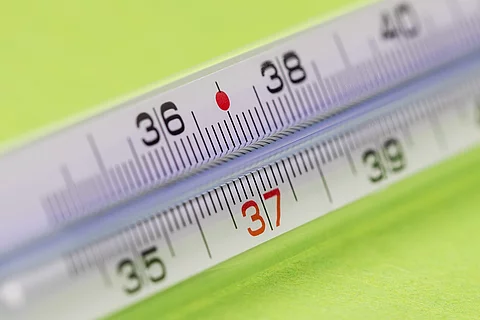 Fieberthermometer aus Glas vor hellgrünem Hintergrund