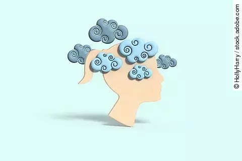 Illustration: Frauenkopf, aus dem Nebel-Wölkchen herausfliegen